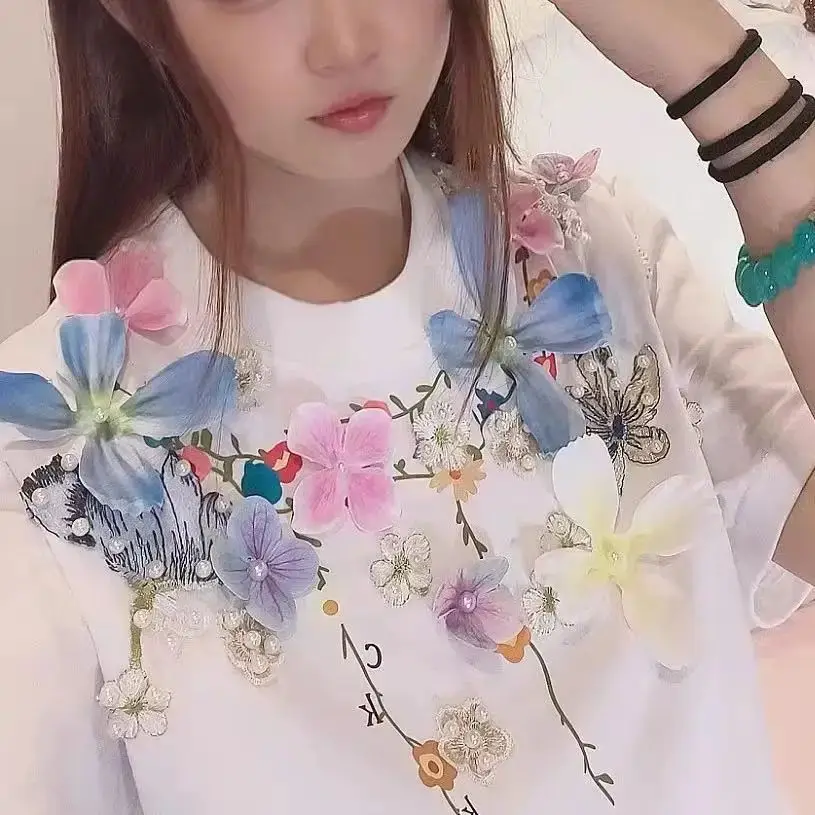 

Handmade Beaded 3D Flower Stitch Short Sleeves Cotton Blouse Shirt For Women 2025 Summer Tops Blusas
