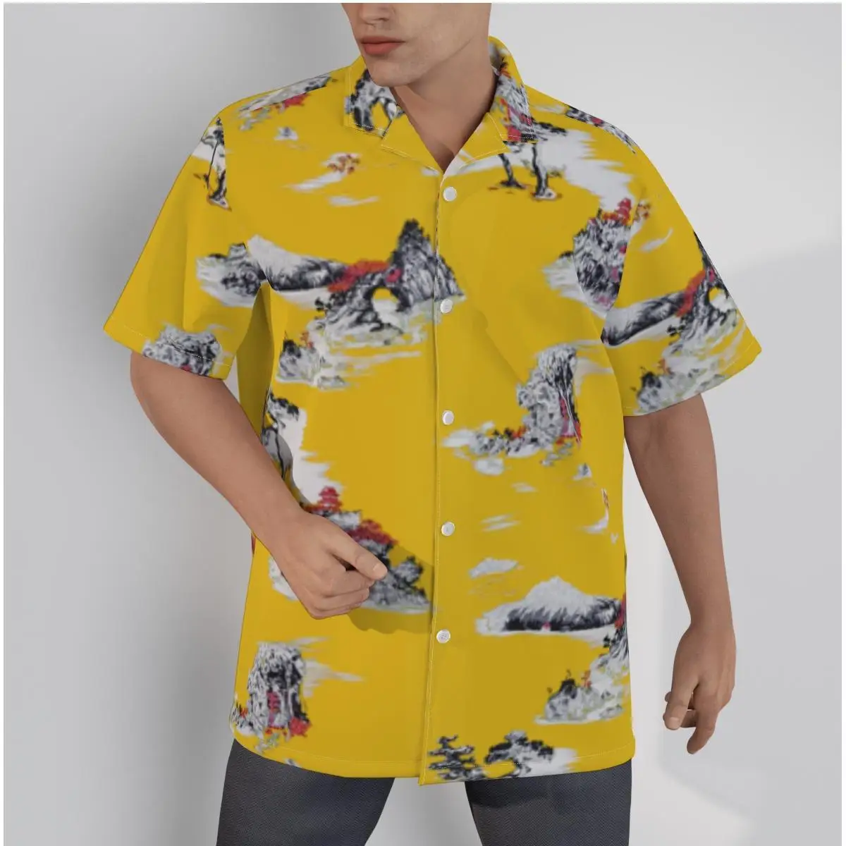 Men\'s Hawaiian Yellow Shirt Creative Mountains Print Beach Short Sleeve Summer Casual Button Up Patchwork Tops 3D Shirts