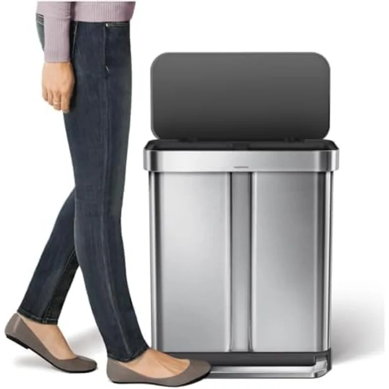 simplehuman 58 Liter / 15.3 Gallon Rectangular Dual Compartment Recycling Kitchen Step Trash Can with Soft-Close Lid