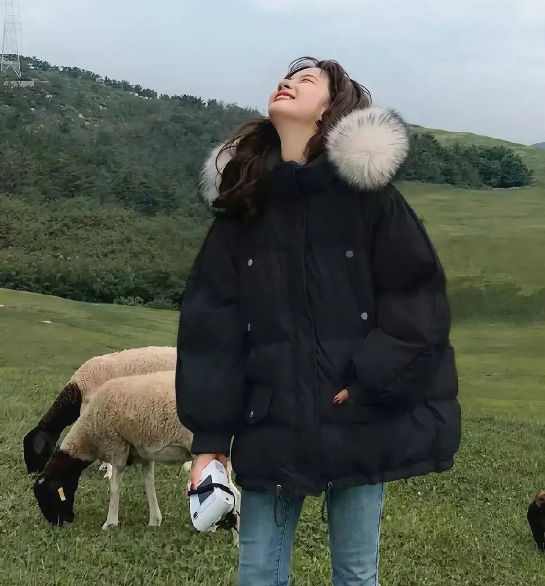 여성용 빈티지 가을 울 리브드 헴 버튼 없는 러플 플리츠 새시 우아하고 품격 있는 클래식 아름다운 인스 스타일 파카