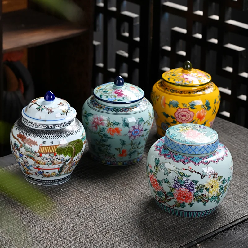 Enamel General Jar Painted Flowers Moisture-proof Sealed Tea Jar Art Crafts Ornaments Sundries Storage Box Home Decoration Gifts