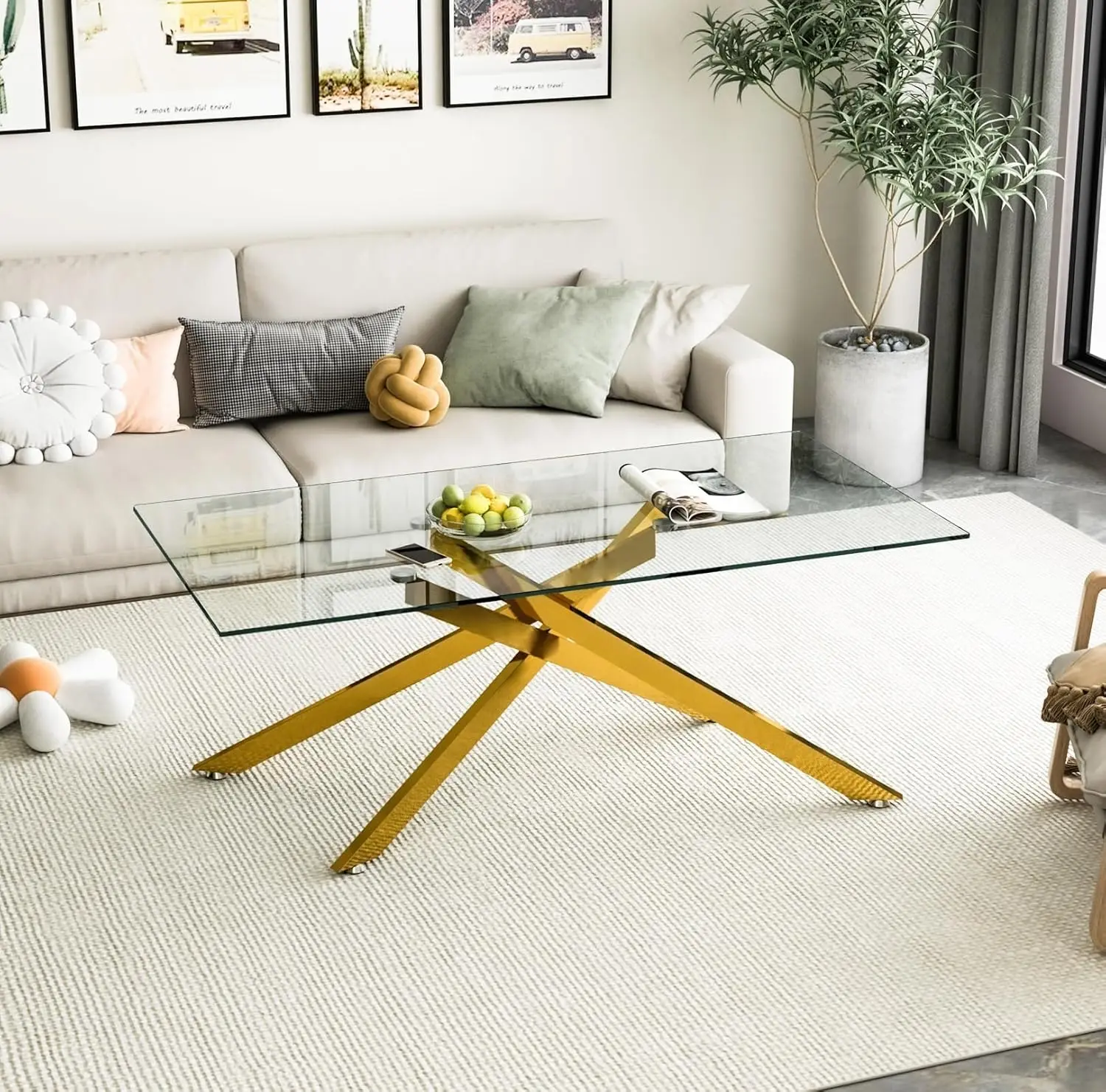 

47.2'' RecCoee Table Glass Coee Table or Living Room, Tempered Glass Top Coee Table with Gold Metal Legs, Stylish Center Cae Tab