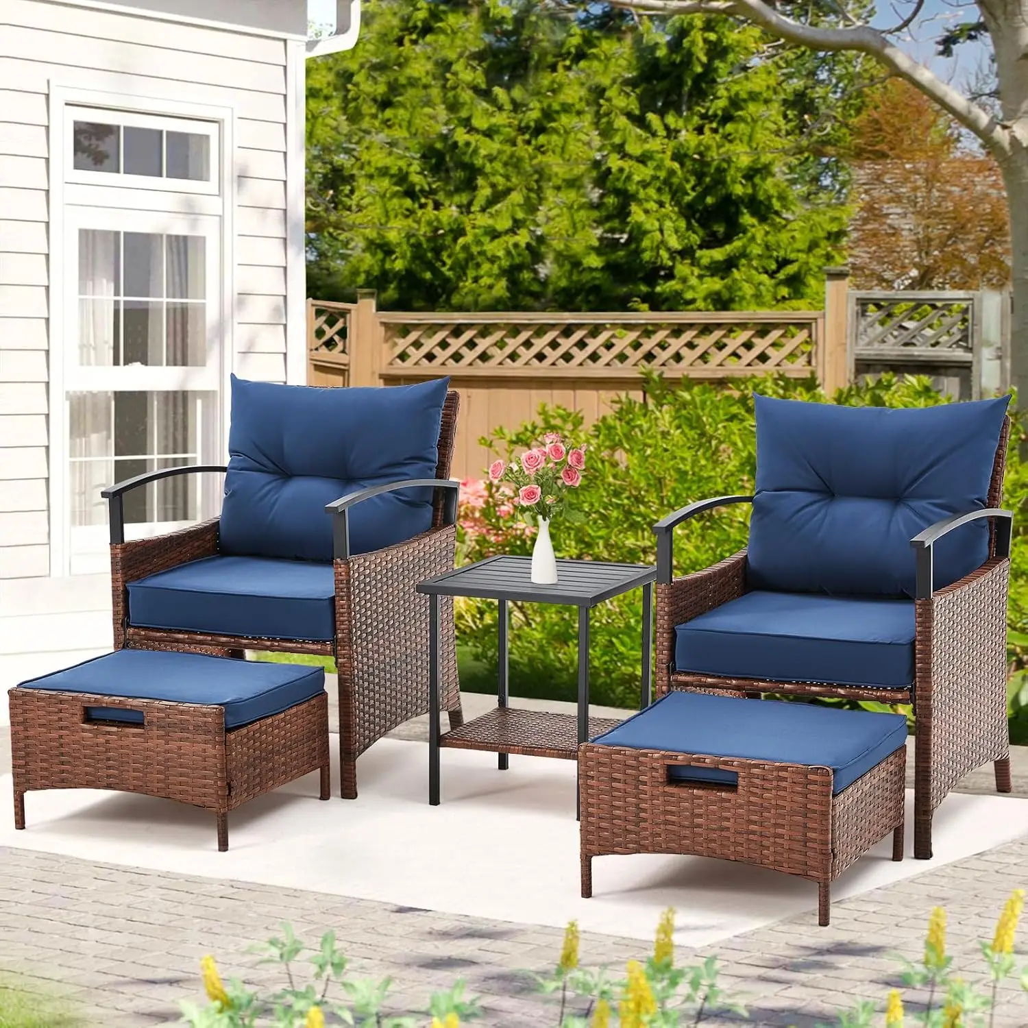 5 Pieces Patio Furniture Set, Outdoor Rattan Chairs with Metal Coffee Table, Ottomans & Soft Cushions,Wicker Conversation Bistro