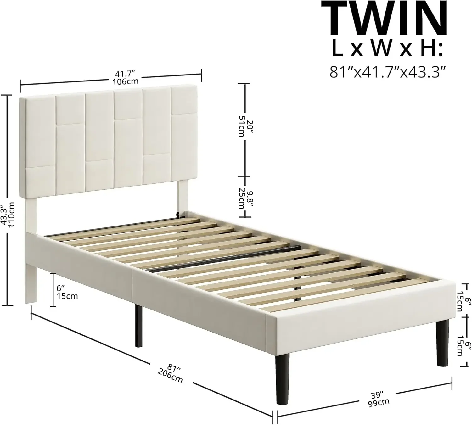 Twin XL Bed Frame with Headboard, Modern Upholstered Platform Bed with Headboard and Wood Slat Support, Noise-Free, No B