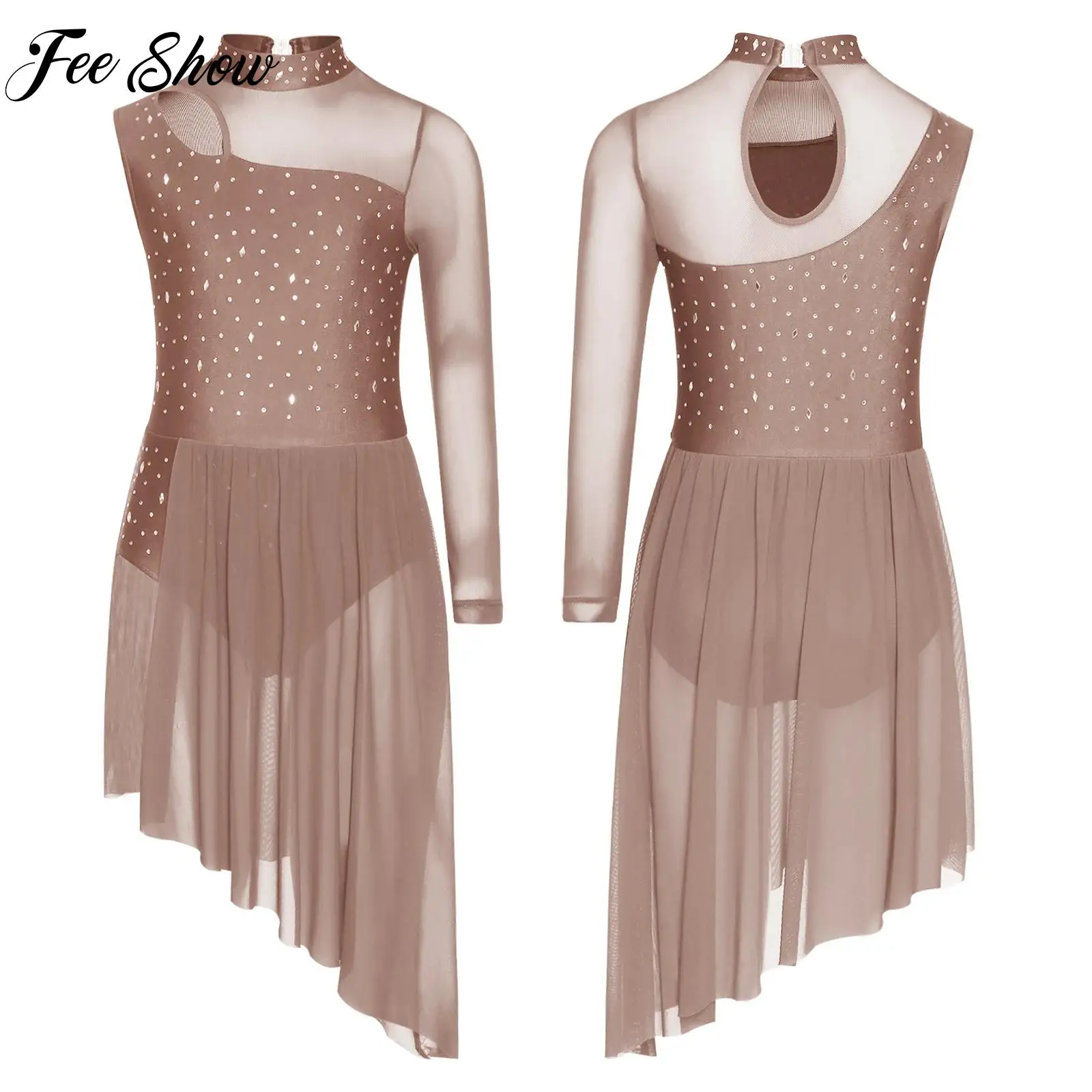 

Girls Ballet Lyrical Modern Dance Dress Gymnastics Figure Skating Stage Performance Costume Rhinestones Mesh Split Leotard Dress