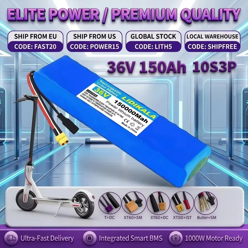 LIDIKALA 10S3P 36V 150Ah Lithium-Batteriepack Klasse A 18650 Zellen Eingebautes Smart-BMS 42V Vollladung Wiederaufladbare Ersatzbatterie für 1000W Modifiziertes Elektrofahrrad Roller Citycoco