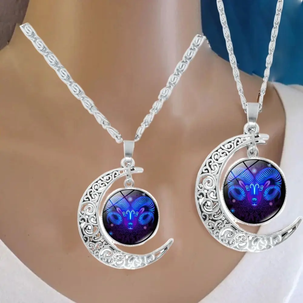 Moda 12 konstelacji naszyjnik księżyc prezenty świąteczne srebrny 12 naszyjnik zodiaku prezent urodzinowy obroża ozdoba wisiorek