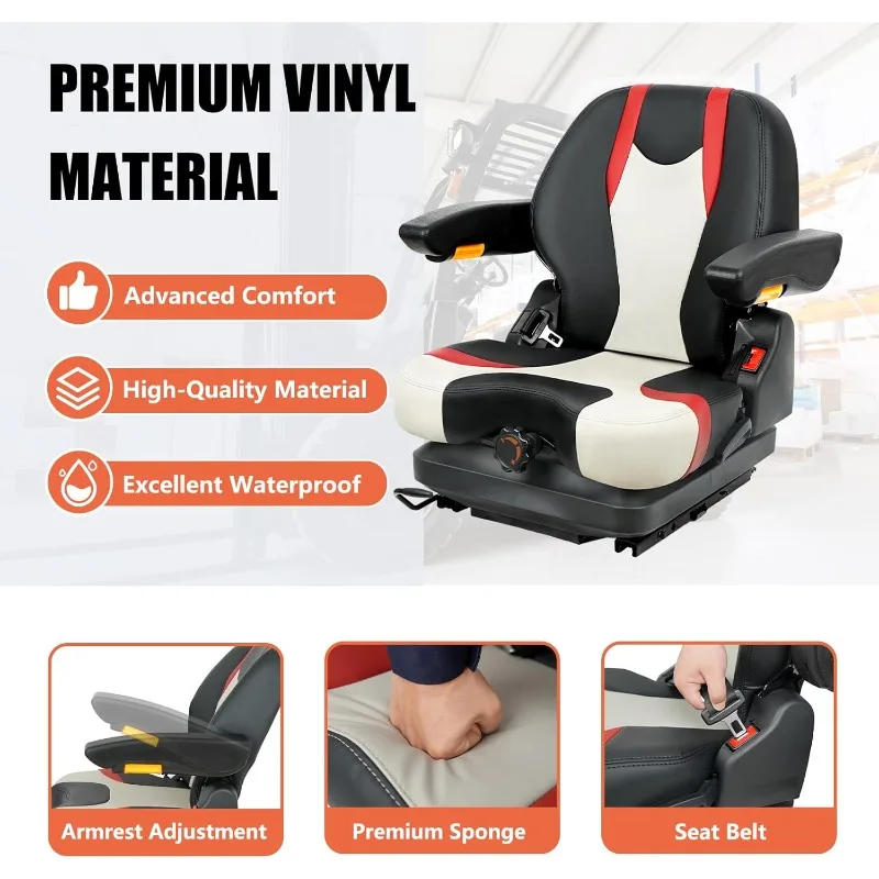Asiento de suspensión para tractor, cortacésped bajo con respaldo alto, respaldo ajustable y rieles deslizantes, amortiguador de reposabrazos resistente