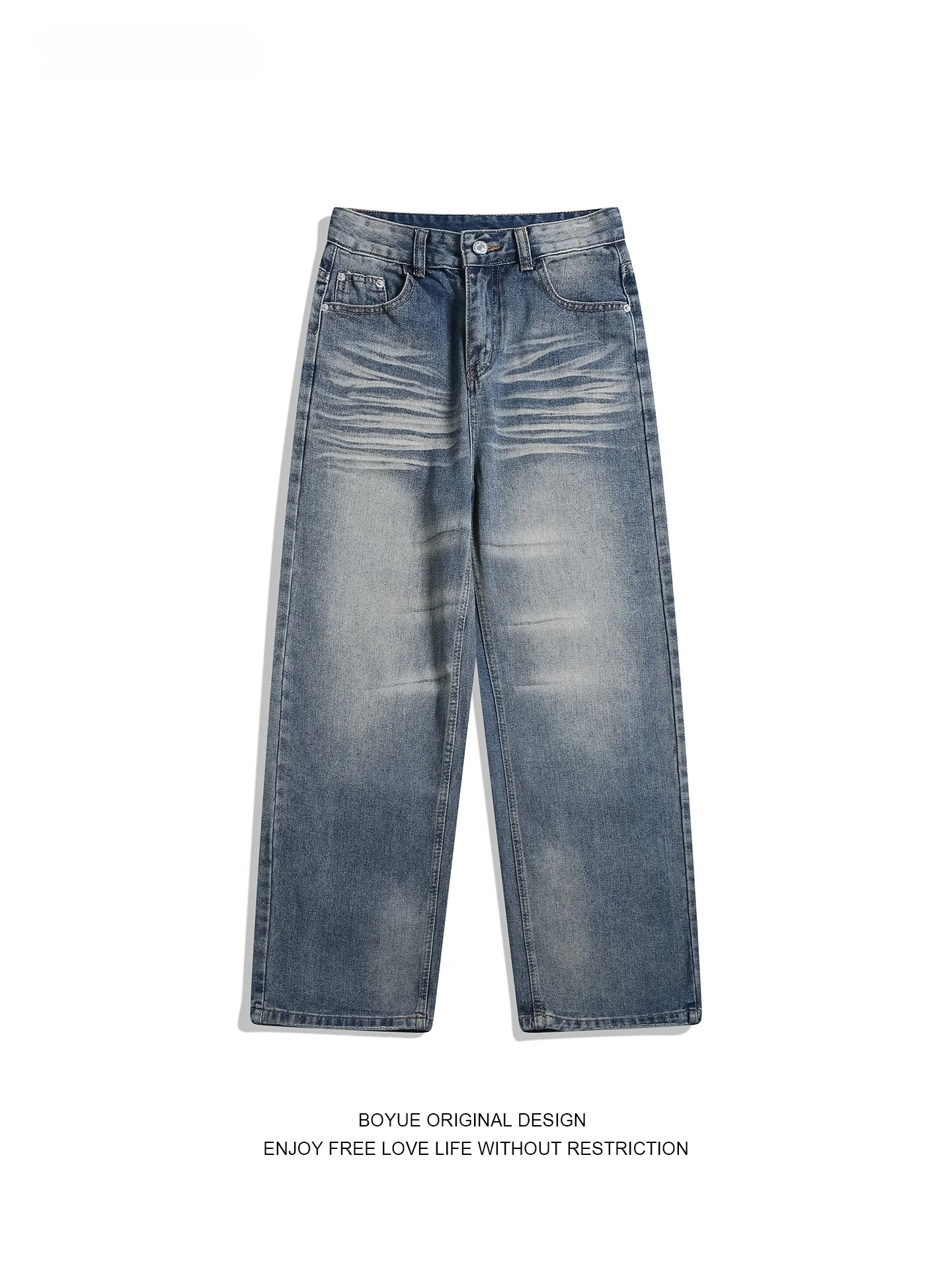 Boyue American Retro Washed Distressed Jeans Men's Loose Straight Leg Design Sense Cool Wide Leg Pants Cotton Polyester Blend...