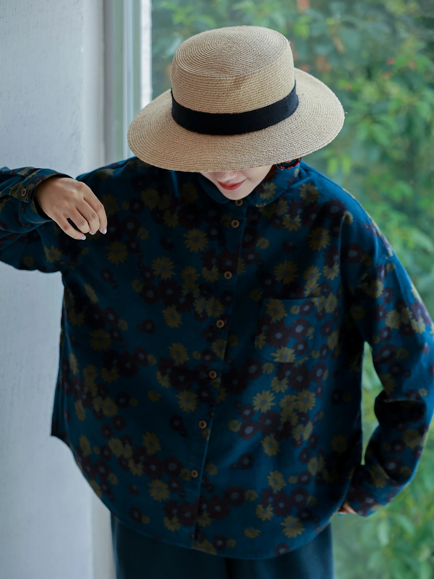 

New Chinese Sle Long Velvet Cotton Loose irt Moon Night Suower Print Retro Sle Women's Faion Autumn Winter Blouse