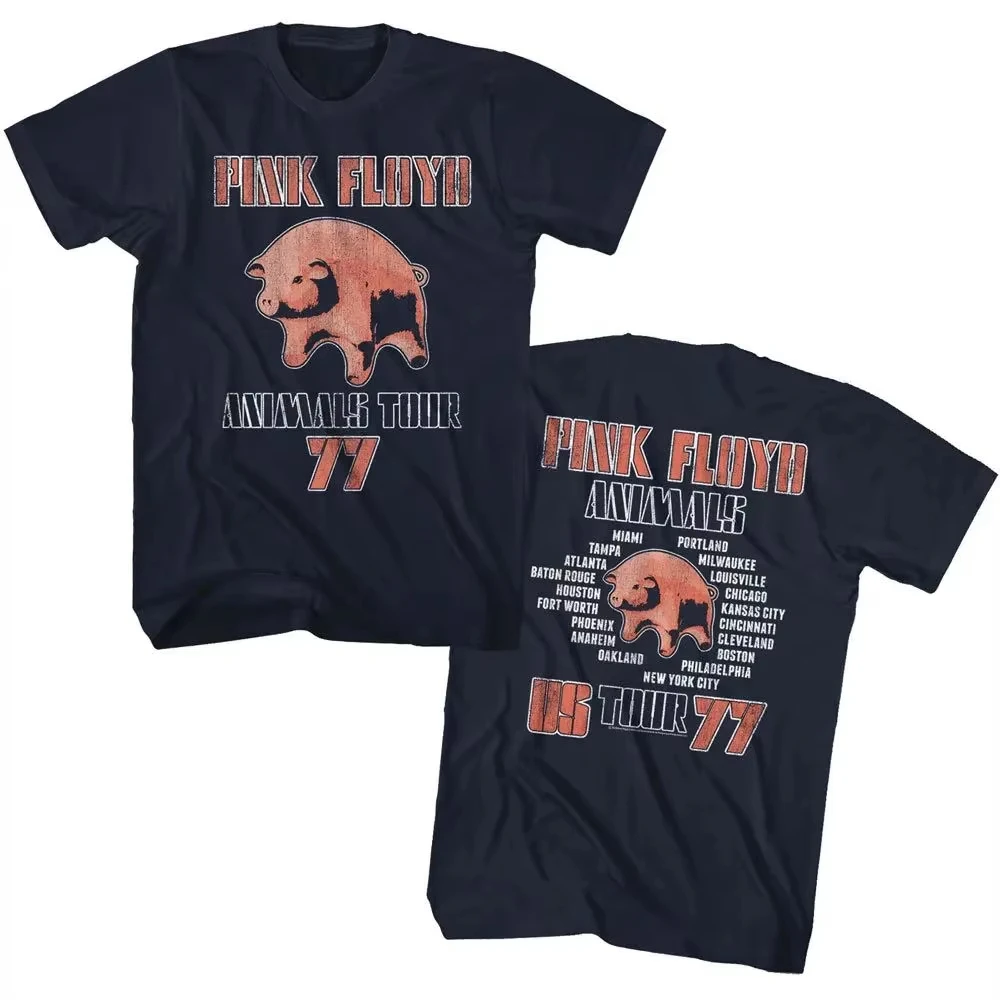 Camiseta Vintage de los 90, Camiseta de Rock de los Pink Floyd, Gira por Estados Unidos de 1977, Camiseta Azul Marino, Camisetas con Estampado Gráfico de Algodón, Camiseta con Estampado Vintage