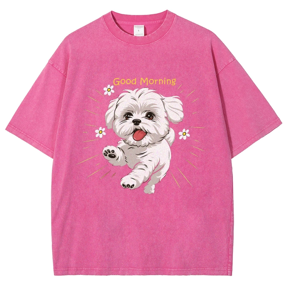 Cartoon Puppy Retro Print y2k Top Funny t shirt 100% Cotton Heavy Duty Washed Short Sleeve T-shirt Fashion Women's Clothes