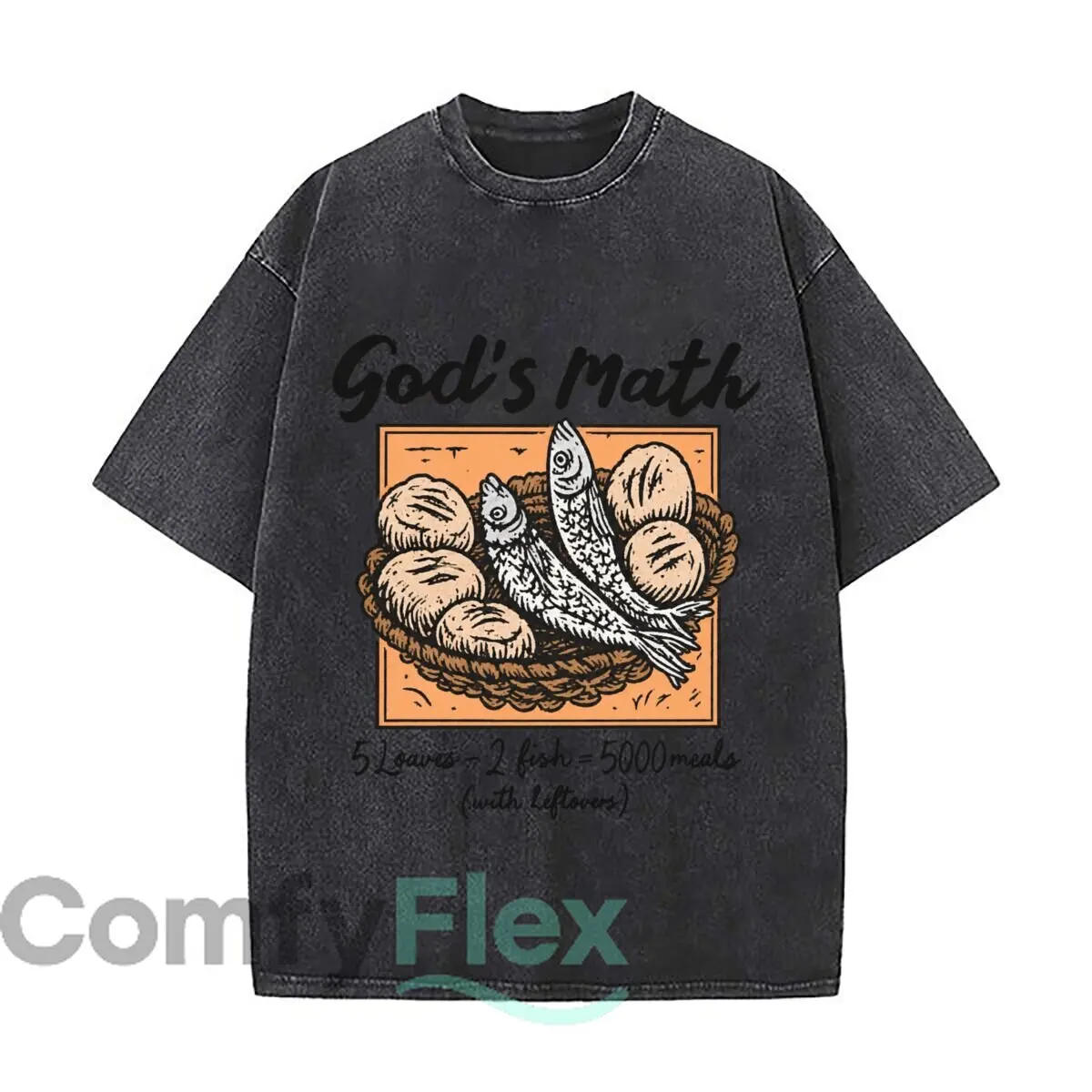 Gods Math Five Loaves Two Fish Five Thousand Meals Washed Vintage Short Sleeve Loose Streetwear Tee