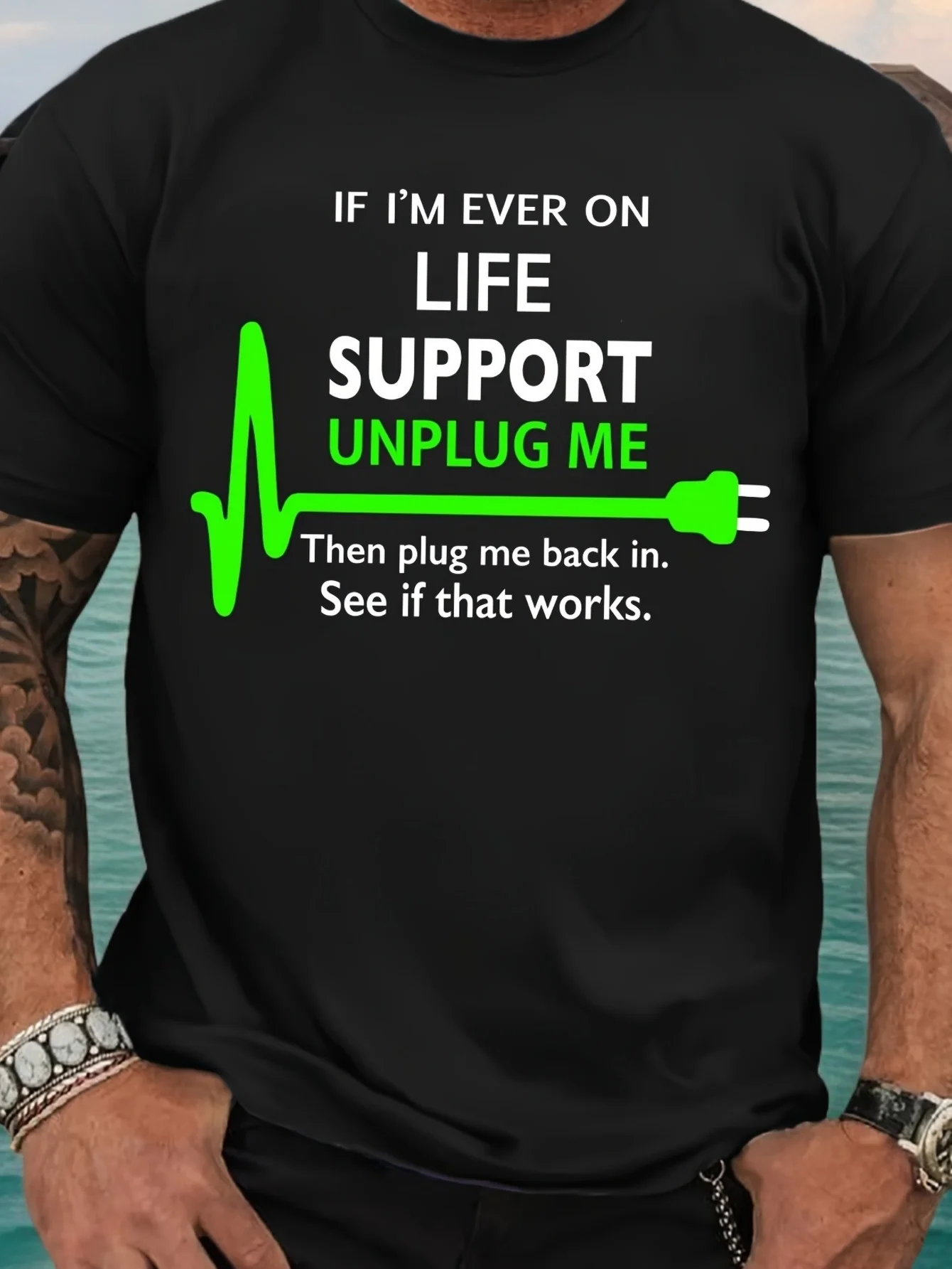 

Unplug Me! Funny Graphic Tee for Men - Life Support Humor Soft 220g Cotton Available in Plus