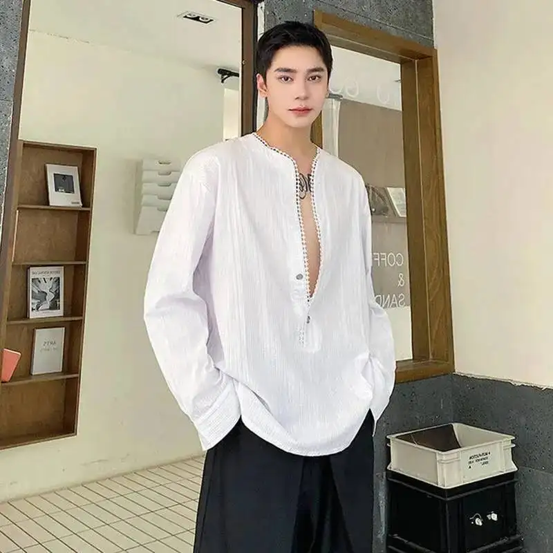 LUZHEN Spring New Original Pearl Patchwork Placket Long 2026 Sleeve Shirts Men's Fashion Handsome Solid Color Casual Tops JY8136