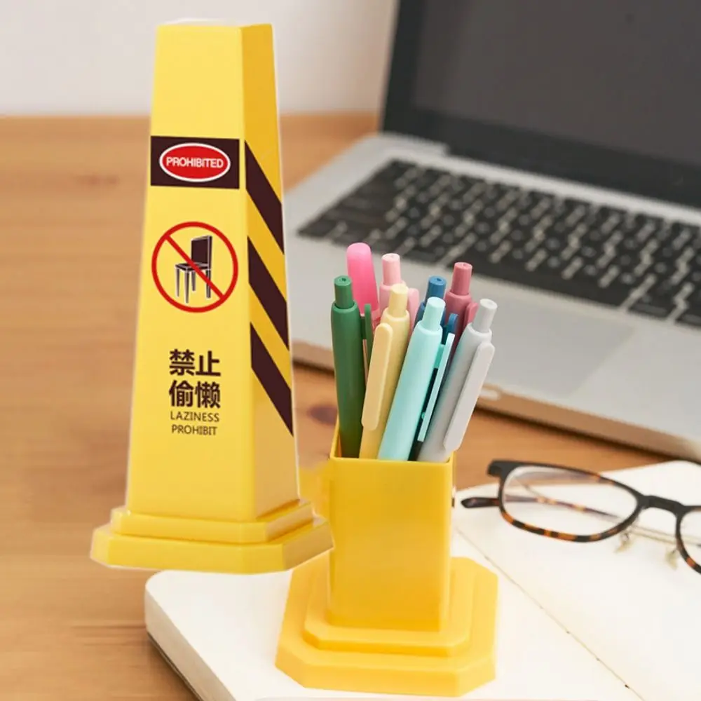 Warning Sign Pen Holder Reflective Cone Plastic Pencil Pot Container Large Capacity Stationery Storage Box Home Decor