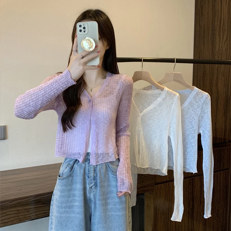 

Loose Fit Lightweight Knitted Ice Silk Open Cardigan Women's Autumn Air Conditioning irt oulder awl Outer Cover up Top