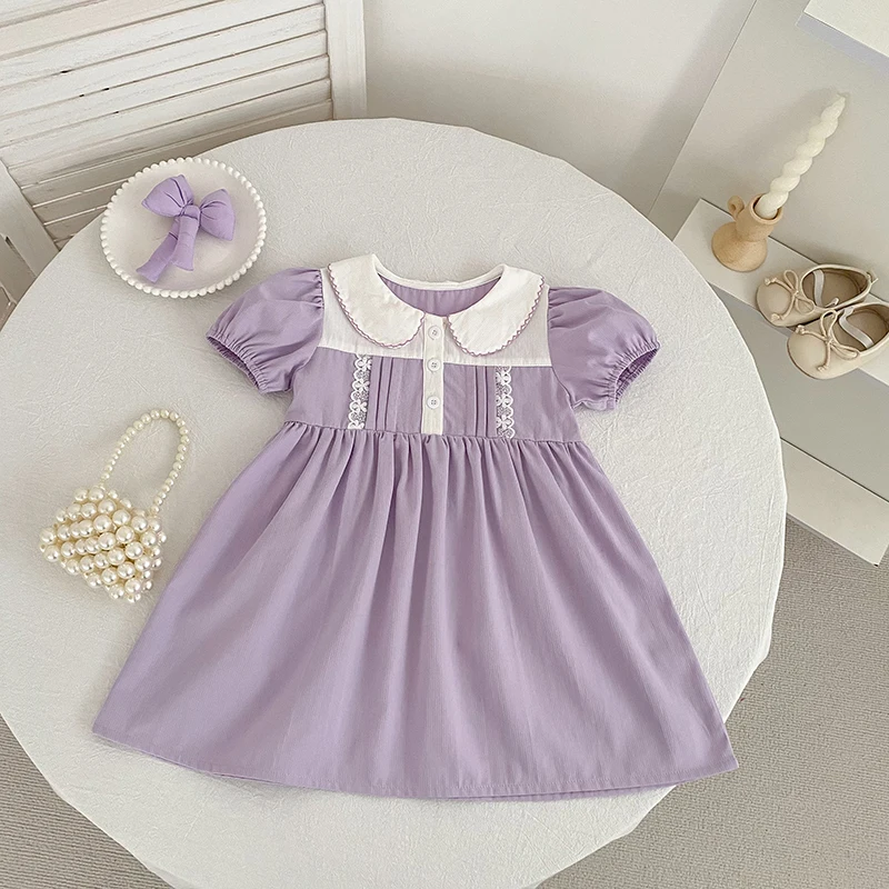 Princess Children Clothing Summer New Girls 2-6Yrs Style Girls Purple Lace Dress Short Sleeved Stylish Girls Dress