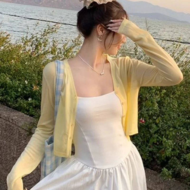 Suéter Tricotado Feminino, Cardigans Casuais de Manga Longa, Suéter de Proteção Solar, Cardigan Feminino, Tops com Decote em V, Branco, Suéter Feminino Q3584