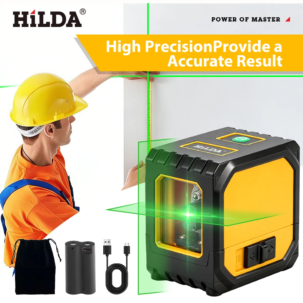 HILDA 2-Line Green Laser Level Self-Leveling Cross Line, Mini Size USB Charging Convenient to Carry High Visibility Beams