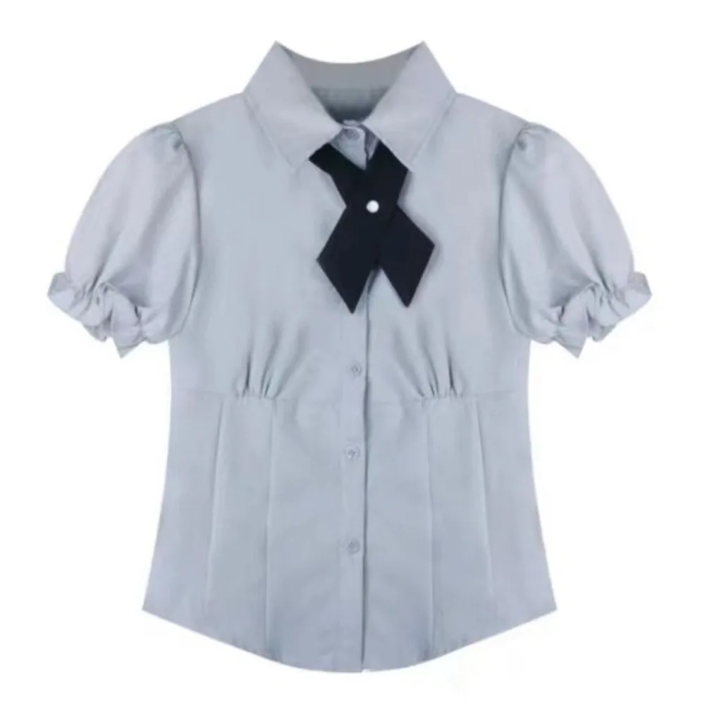 

Simplicity Polo Collar Short Sleeve Shirt Slim Fit with Bow Tie Bubble Sleeve Shirt Solid Color Western Style Shirt