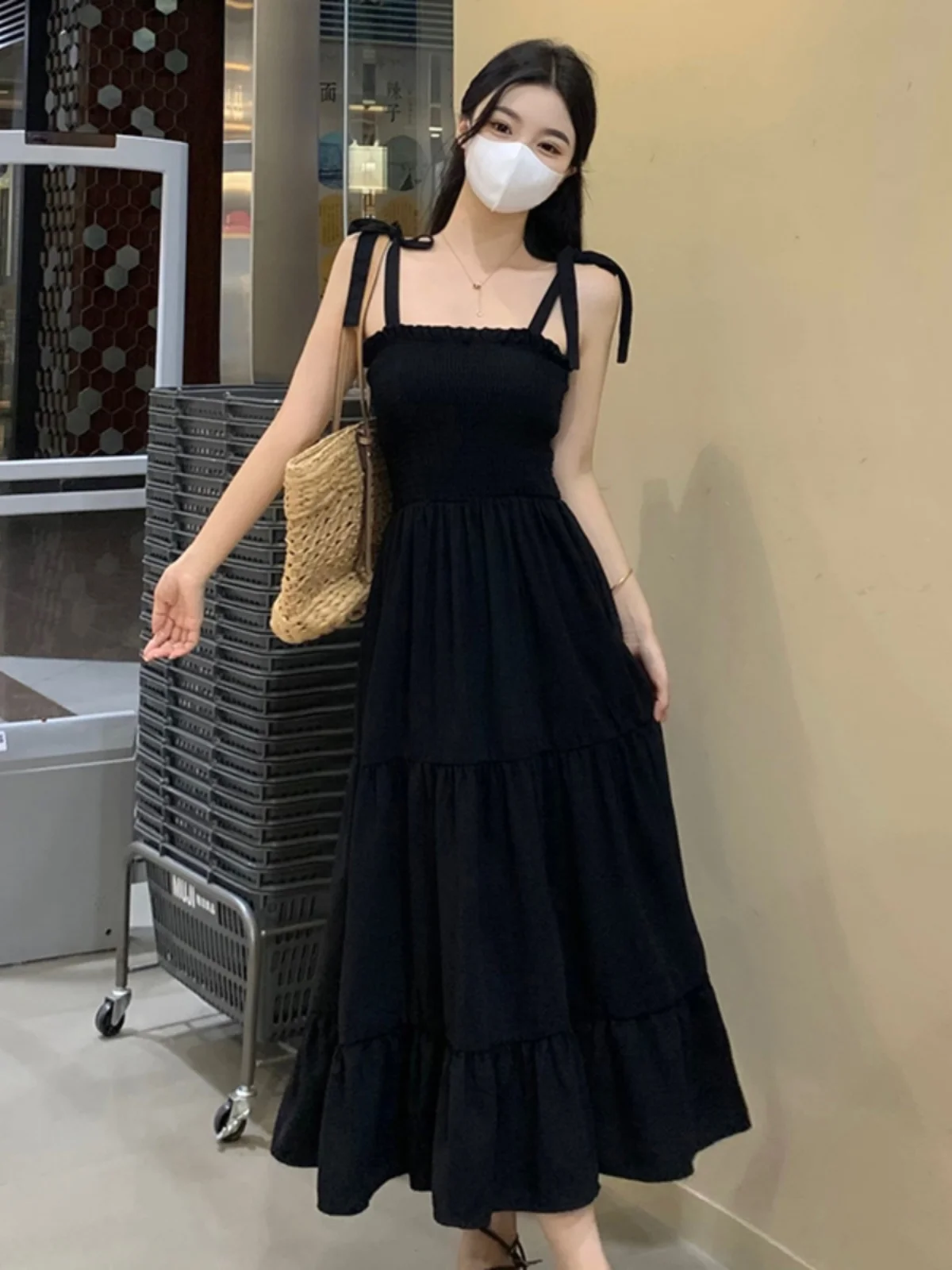 plus Size Summer Strap Dr Women's Bla Skirt Sunscreen Set Slimming Hepburn Sle Casual A-Line Dr Korean Sle