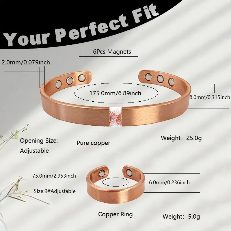 Set Armbänder und Ringe aus reinem Kupfer für Damen und Herren, einfache Manschette, magnetische Armreifen, Arthritis, Gesundheit, massiver Kupferschmuck – Detail 3