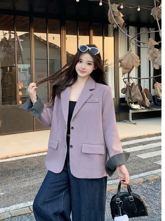 

Женский винтажный пиджак больших размеров с высокой талией, осенне-зимнее новое свободное шерстяное пальто с разрезом, в корейском стиле, с длинными рукавами и пуговицами