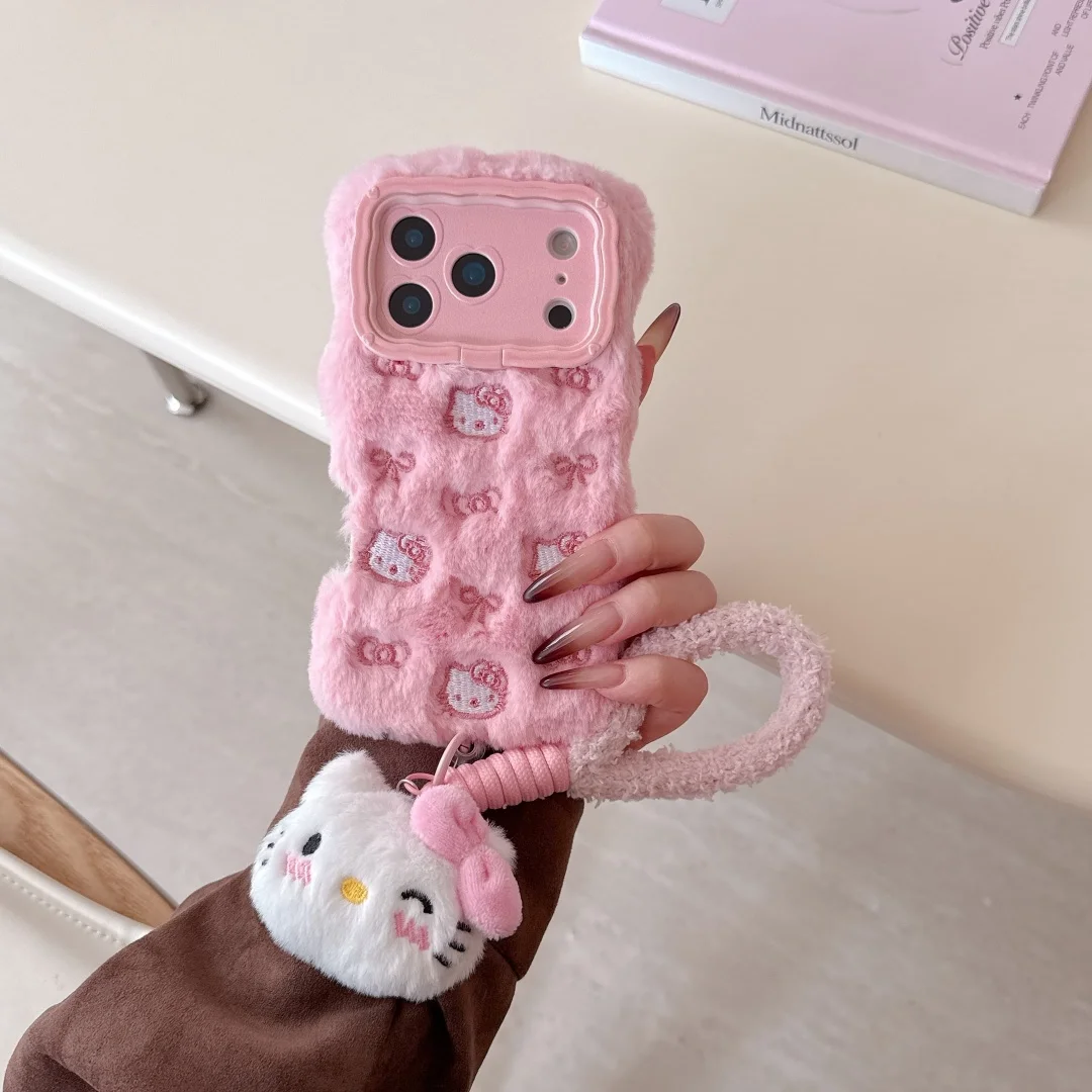 

Fashion popular Embroidered pink plush bow doll lanyard Phone Case for iPhone 17 16 15 14 Pro Max 16 Pro kawaii girl Cover ﻿﻿