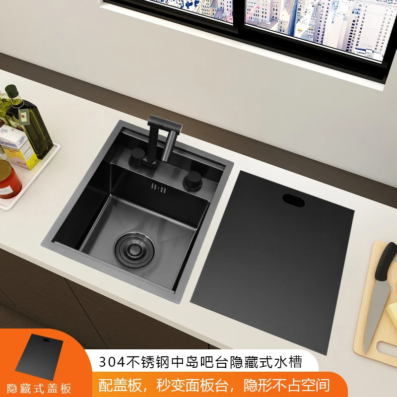 

Black nano hidden invisible island counter bar sink with cover plate, small single slot, 304 stainless steel vegetable