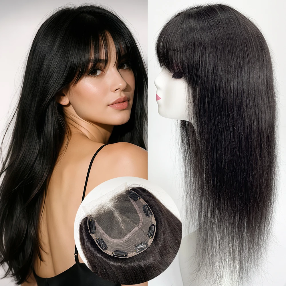4X4 Inch HD Lace Base Wispy Bangs Topper Natural Black Hair Hairpieces with Clips Virgin Straight Human Hair Wefted Topper
