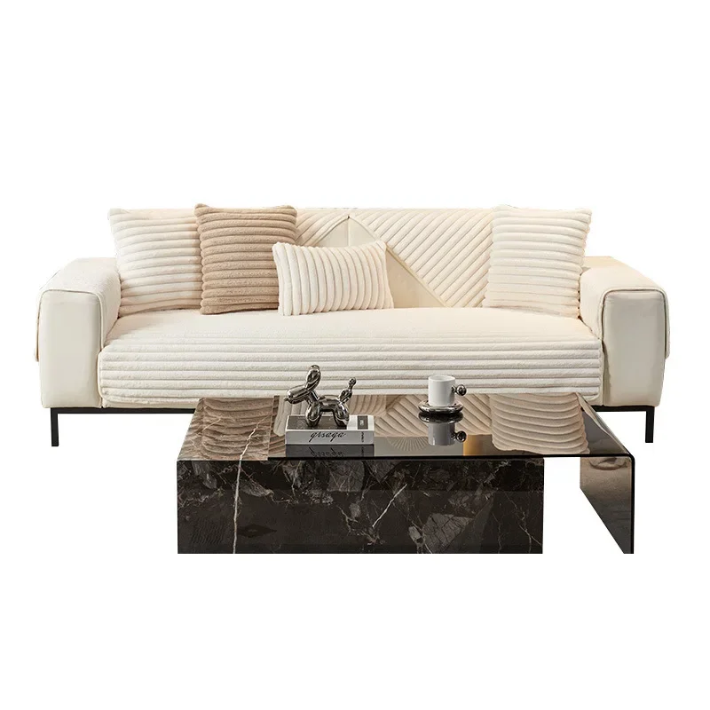 

Soft Rabbit Plush Quilted Sofa Towel Winter Warm Thick Plush Couch Cover L-shaped Sectional Anti-slip Sofa Cover