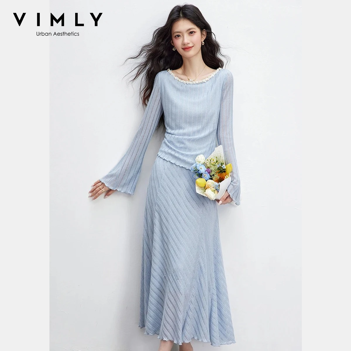 

VIMLY Women's Korean Knit Two-Piece Set 2026 Spring New Elegant Ribbon Trim Crew Neck Asymmetrical Hem Top Midi Skirt Sets A5065