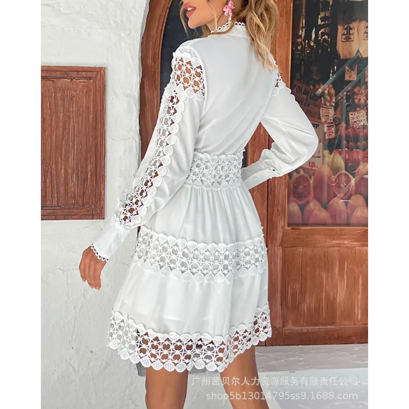 Robe chemise à coutures en dentelle évidée pour femmes, manches longues, simple boutonnage, coupe couvertes, monochromatique, sexy, printemps, automne, nouveau