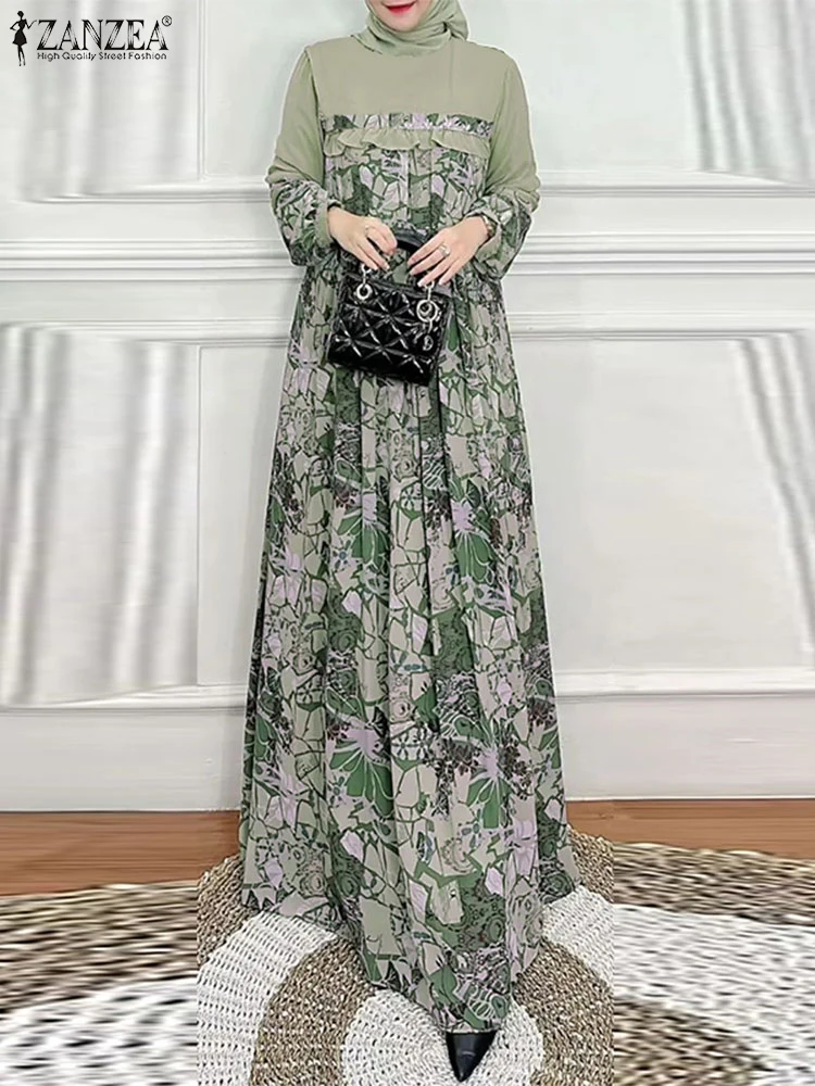 ZANZEA otoño manga larga Vestidos largos Hijab islámico volantes estampado Floral Patchwork mujeres Maxi vestido Casual musulmán Abaya bata