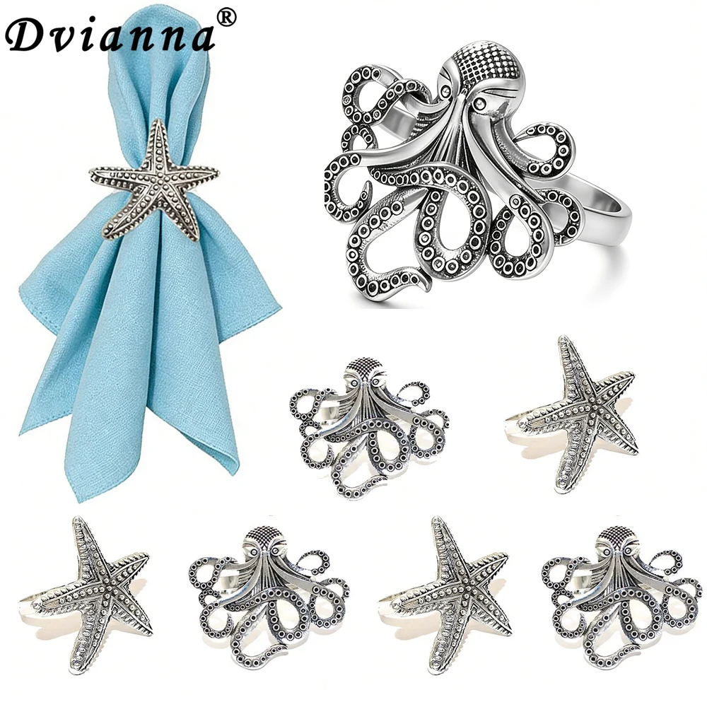 Dvianna Starfish Octopus Napkin Rings Set of 8 Metal Nautical Napkin Holders Coastal Beach Table Decor for Dinner Party