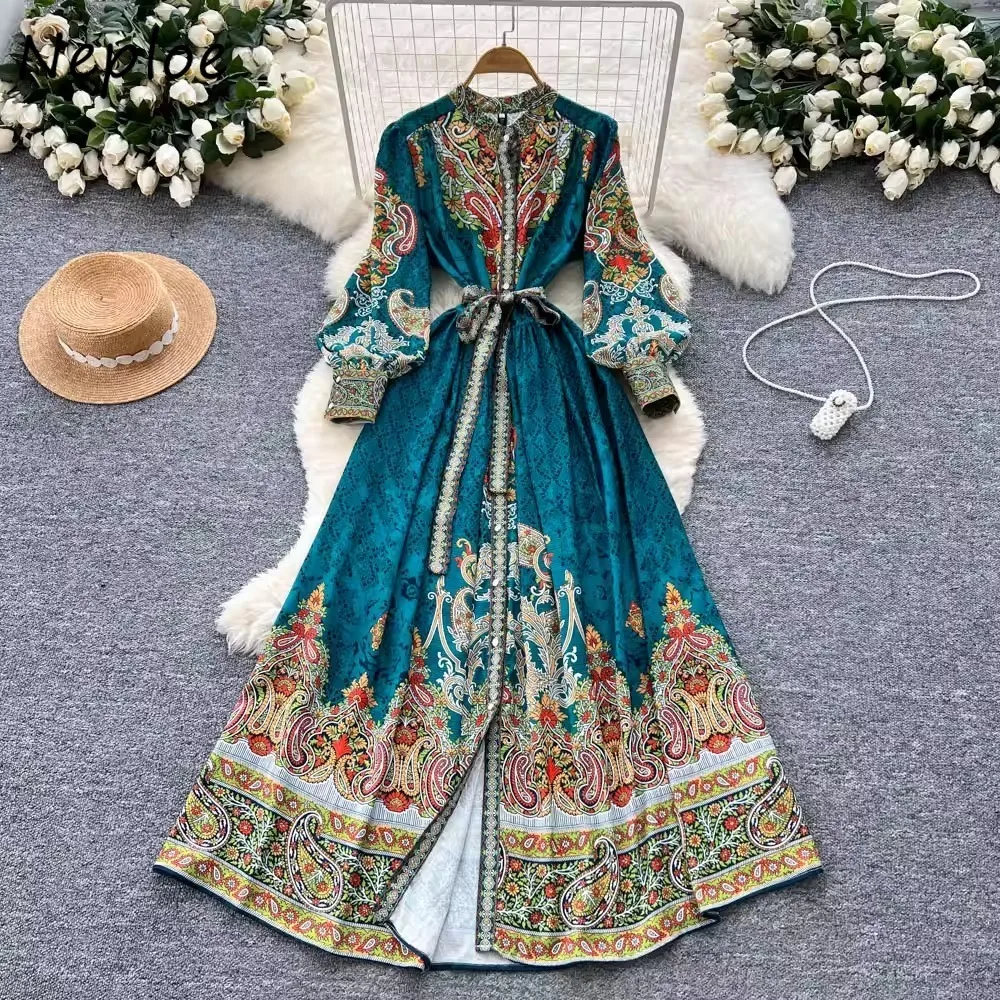 

Neploe French Moda Vintage Moda Court Dress Print Slim Waist Elegant Big Swing Vestido Temperament Korea High Street Casual Robe