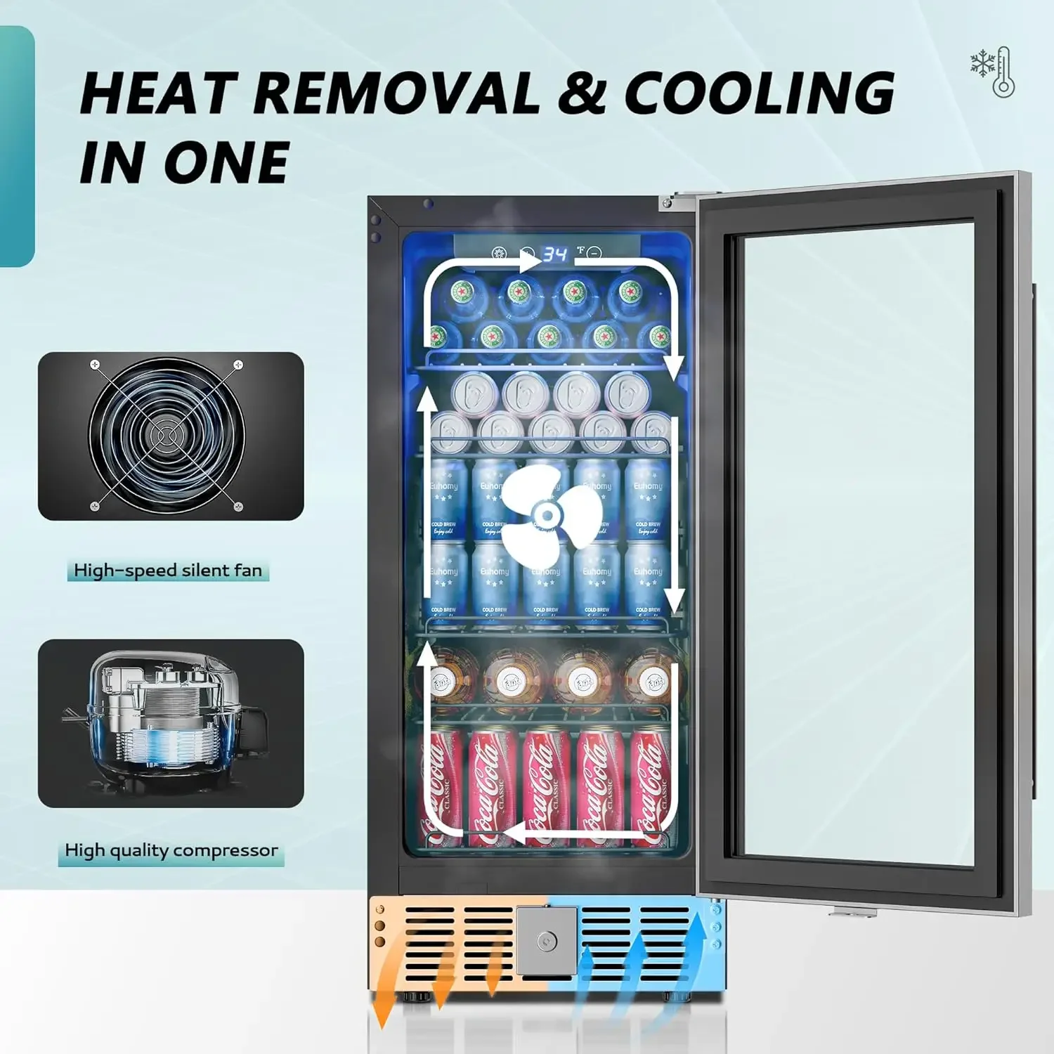 15 "ตู้เย็นเครื่องดื่มคูลเลอร์ใต้เคาน์เตอร์ 125 กระป๋องตู้เย็นเครื่องดื่มในตัวพร้อมประตูกระจก, ไฟ LED, ตู้เย็นเบียร์