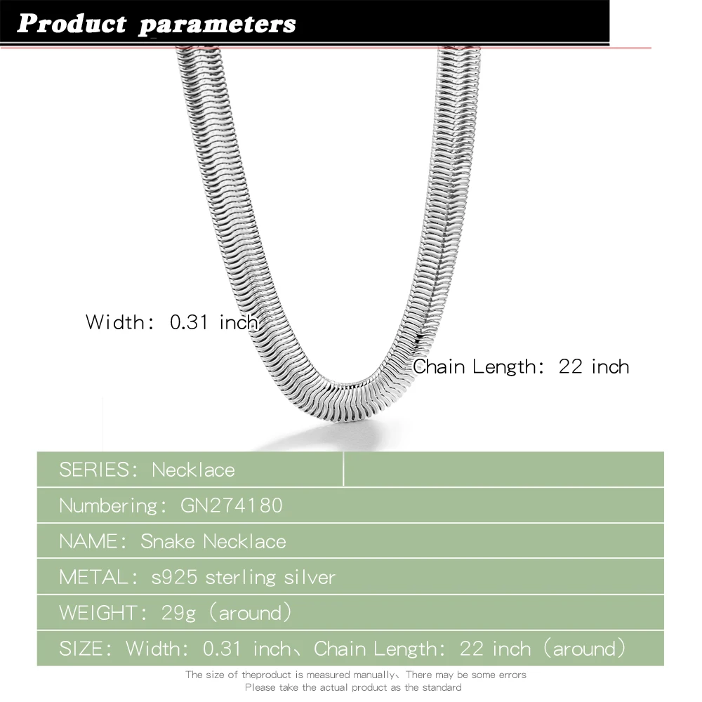 6/8mm Width Hip Hop Men Jewelry 925 Sterling Silver Flat Snake Chain Link Necklace Vintage Temperament Choker Necklace Jewelry