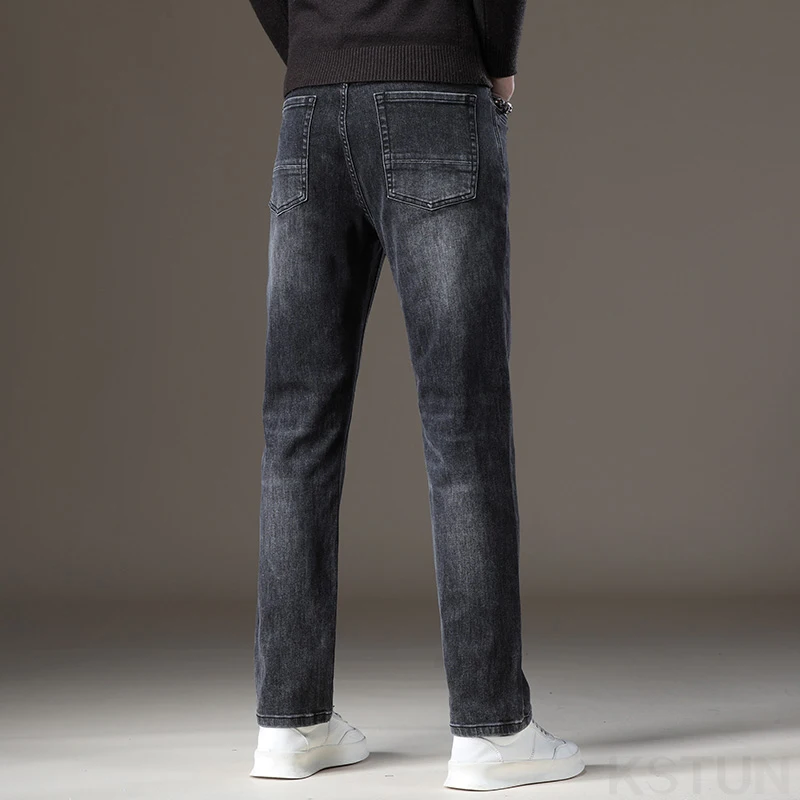 Celana Jeans Musim Dingin KSTUN 2025 Celana Jeans Pria Berbahan Stretch Hangat Celana Tebal Berlapis Fleece Celana Panjang Lurus untuk Fitness Bisnis Kasual Celana Jeans Biru