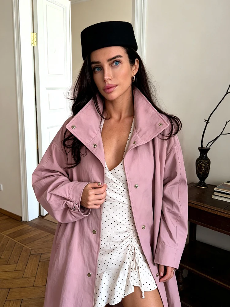 Damen Trenchcoat in Dusty Rose mit Stehkragen, Übergroße Maxi-Jacke mit Druckknopfleiste, Fallende Schultern, Leichter Loser Windbreaker – Detail 7