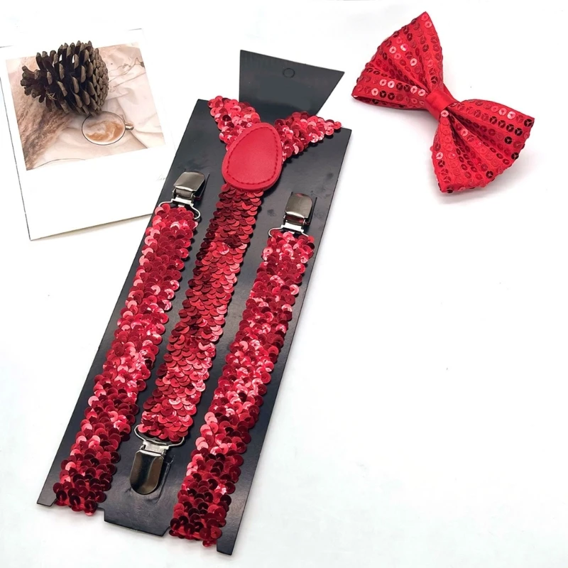 Men's Suspenders Tuxedo Necktie with Metal Clip Popular Shimmering Party Sequined Suspenders Brace for Various Occasion