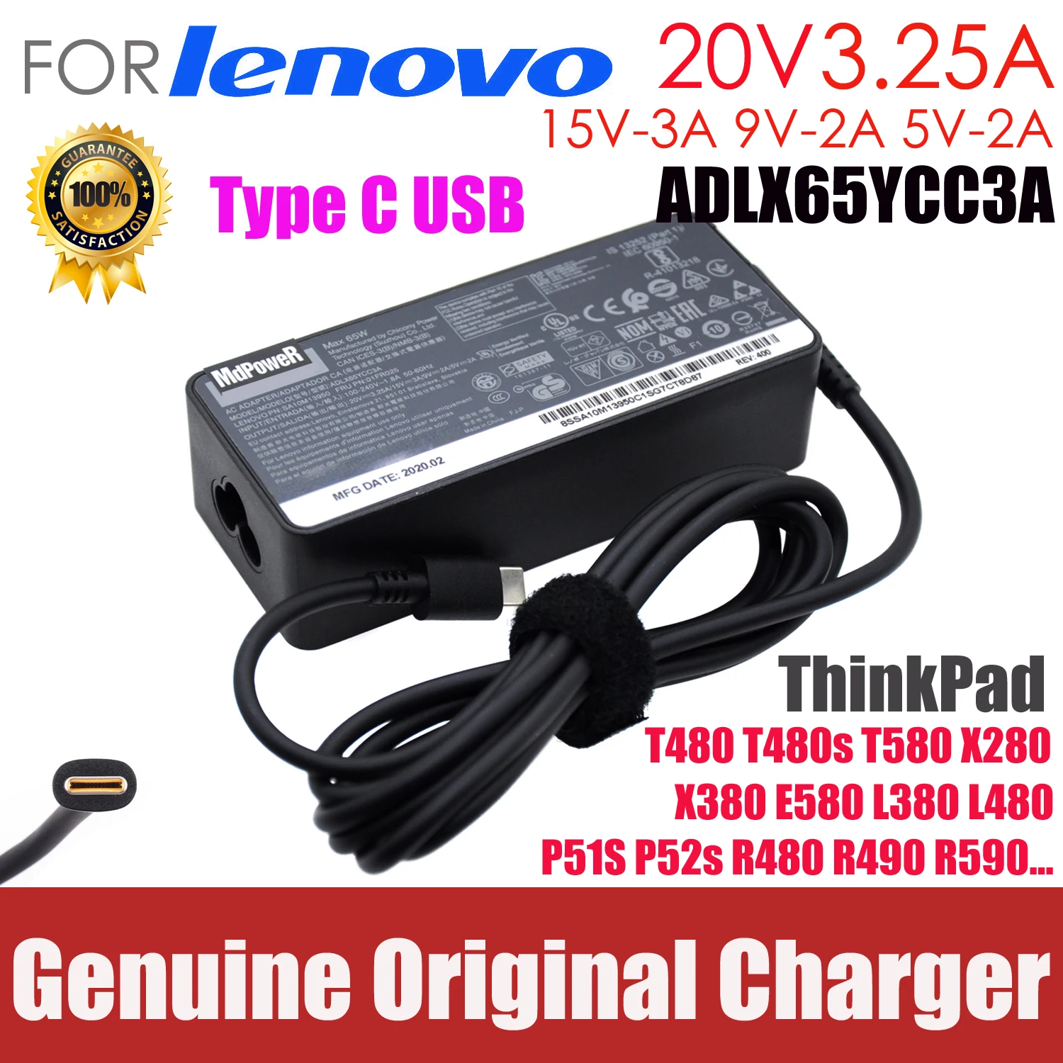 Original 65W 20V 3.25A Tipo C Adaptador AC Carregador de Laptop da Lenovo ThinkPad T480 T480s T580 X280 X380 E580 L380 L480 15V-3A