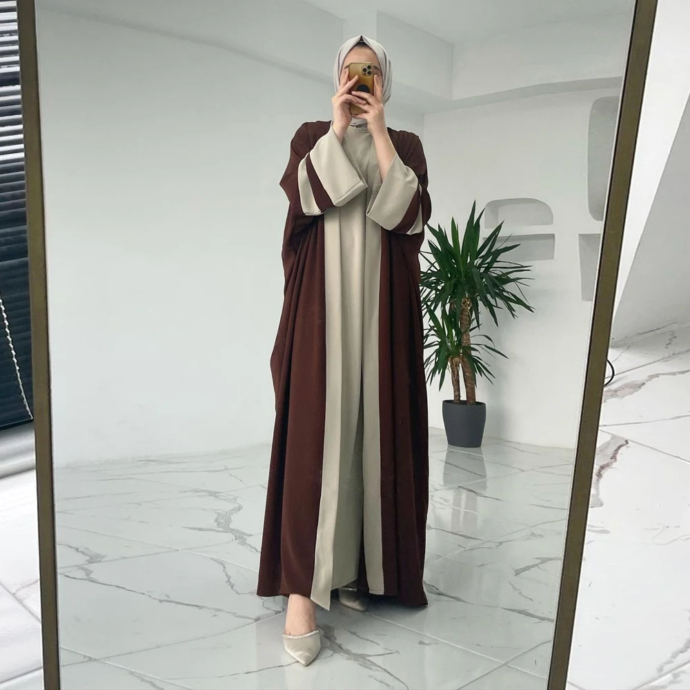 Two Pieces Muslim Sets Modest Islamic Clothing Ramadan Brown Open Kimono Abaya Eid Outfit Women Double Suit Ladies Kaftan Dress