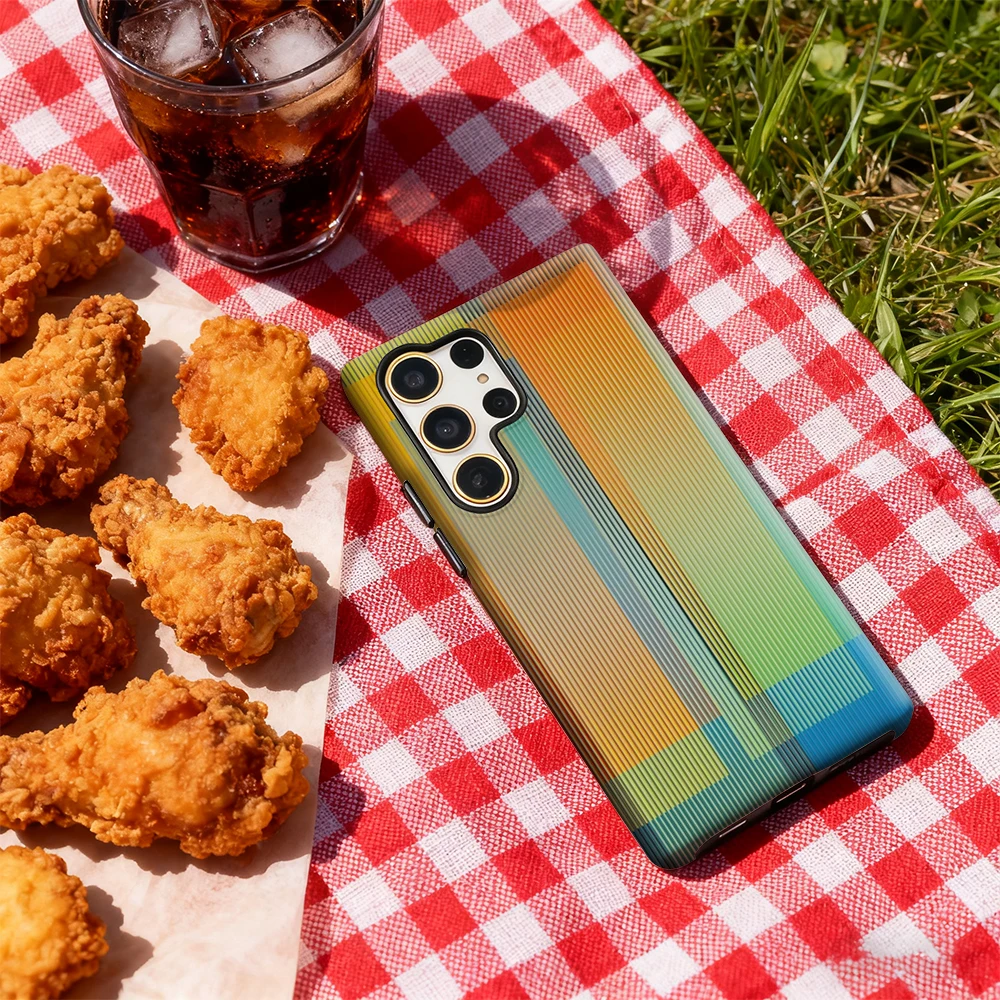 حافظة هاتف بخطوط متدرجة ملونة هندسية لهاتف سامسونج جالاكسي S25 Ultra S24 S23 Ultra Plus غطاء خلفي لامع بطبقة مزدوجة