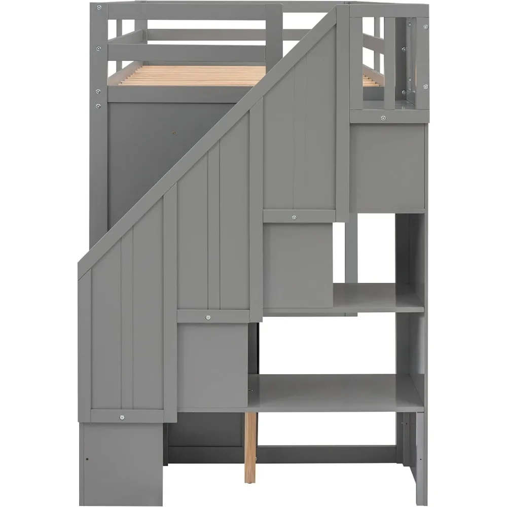 Twin-Hochbett aus Holz mit Treppe, 2 Schubladen und 3 Regalen, hohes Hochbettgestell mit Kleiderschrank, kein Boxspringbett erforderlich. Kinderbetten