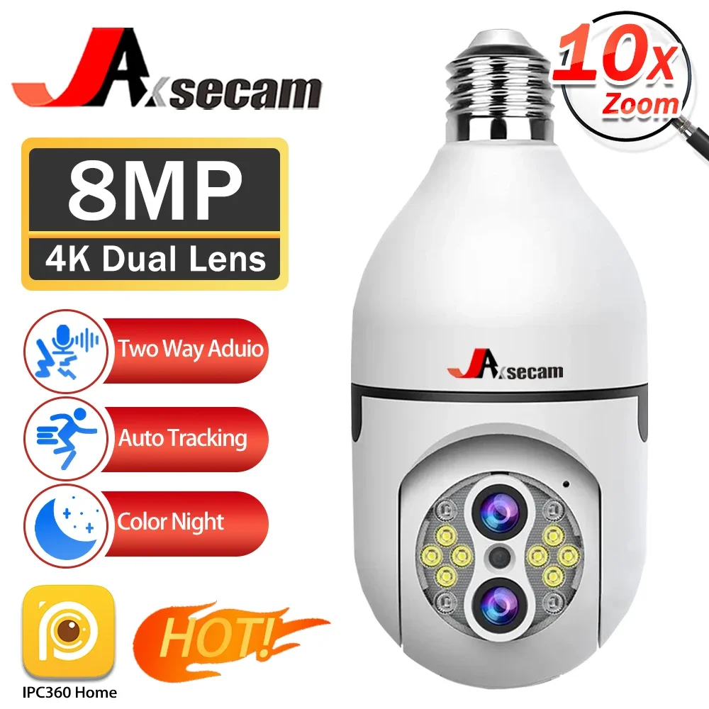 10X PTZ Zoom 4K 8MP Wifi E27 Bulb Security Baby Monitor Wireless Automatic Human Tracking Dual Lens Light Surveillance Cameras