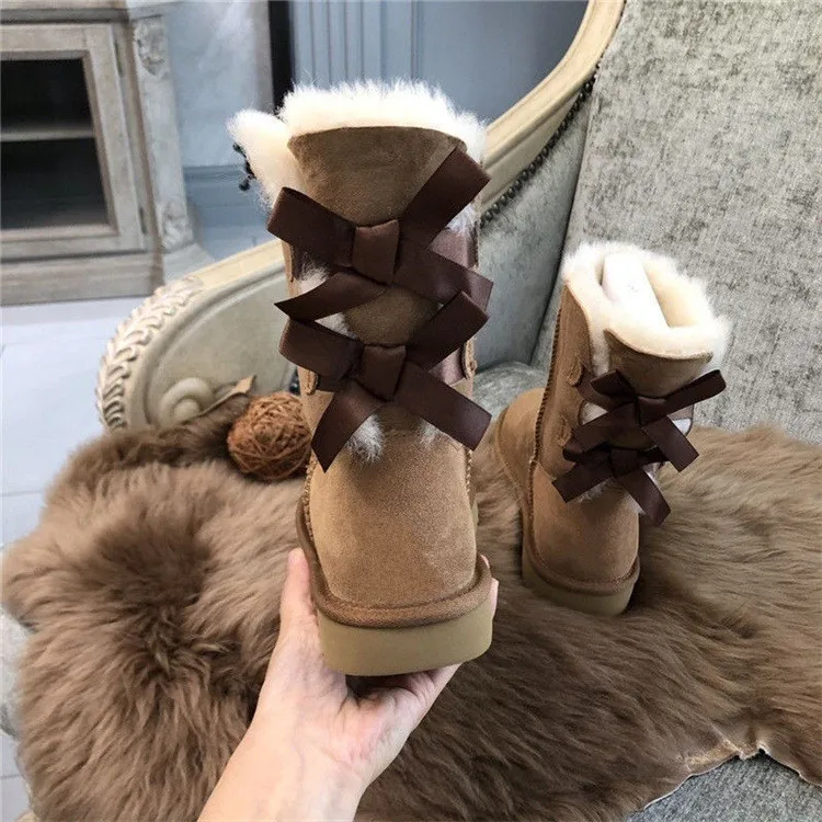 HQF UG Top Quality Real Sheep Fur Snow Boots 2-BOW Back Wool Lined Flat Short Women Winter Outdoor Shoes Waterproof Size44 45