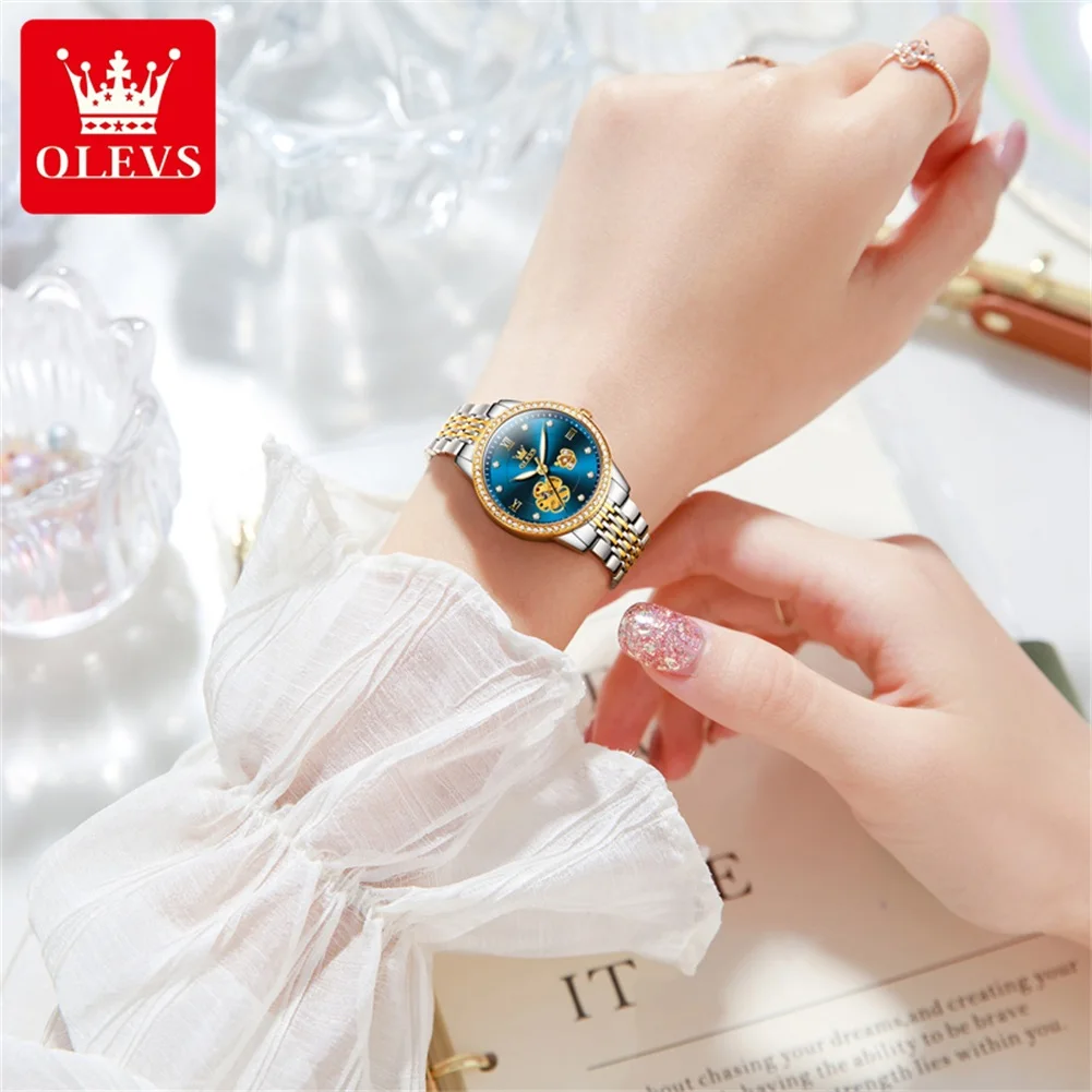 OLEVS Women\'s Watches Elegant Fashion Hollow Flower Dial Automatic Wristwatch Waterproof Jubilee Strap Bracelet Necklace Set