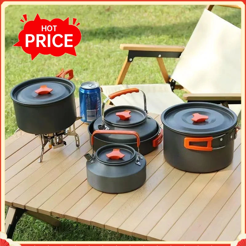 Portable Aluminum Camping Cookware Kit Lightweight Outdoor Cooking Set with Pots Pans for Hiking Picnic Travel Supplies ﻿